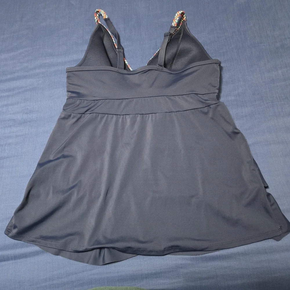 Cacique Swim Top Womens 16 Blue Ruffle Tiered Tank Built‎ In Bra Briefs Plus